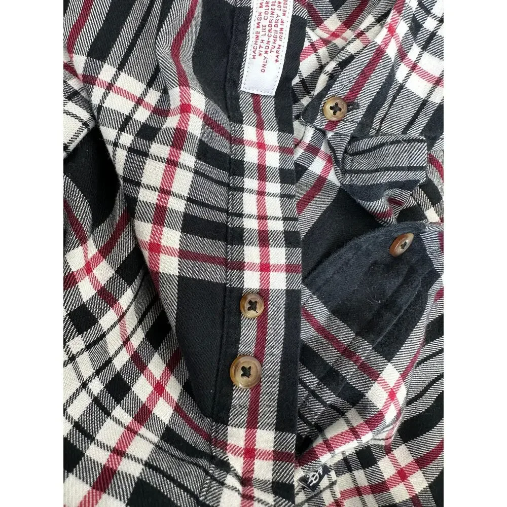 Brooks Brothers 346 L Plaid Button Down Men's Black White Red Cotton Flannel